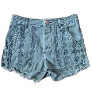 Free People Great Expectations Moss Green Denim Shorts with Lace Size 2
